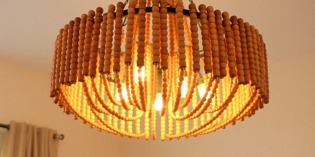 Elegant wood bead chandelier hanging in a bright room.