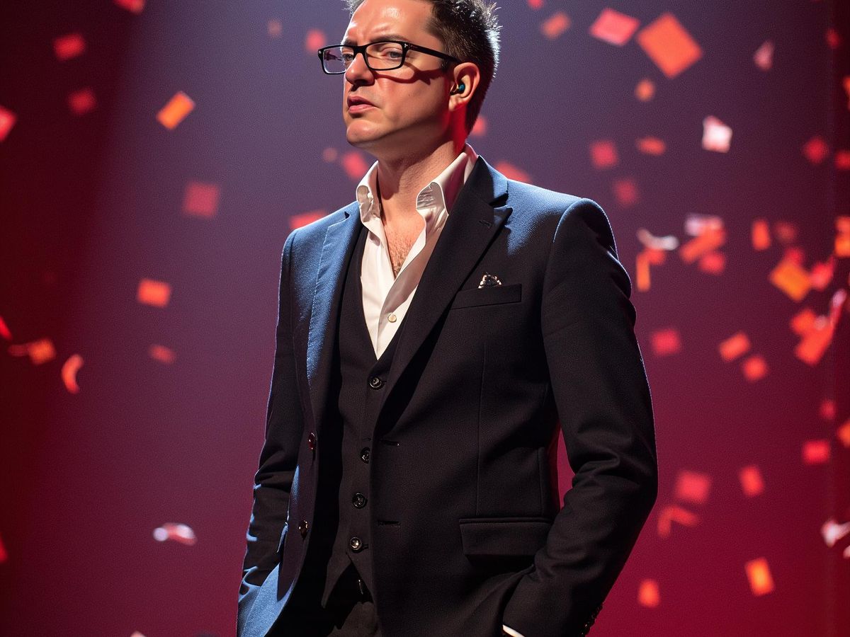 A stylish individual stands against a backdrop of colorful confetti.