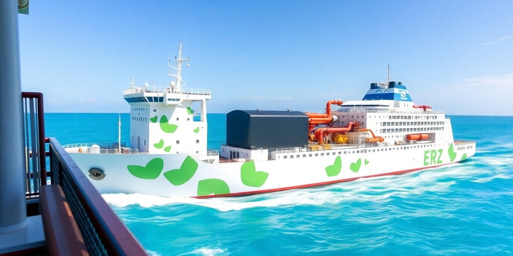 Ship with carbon capture systems in ocean environment.