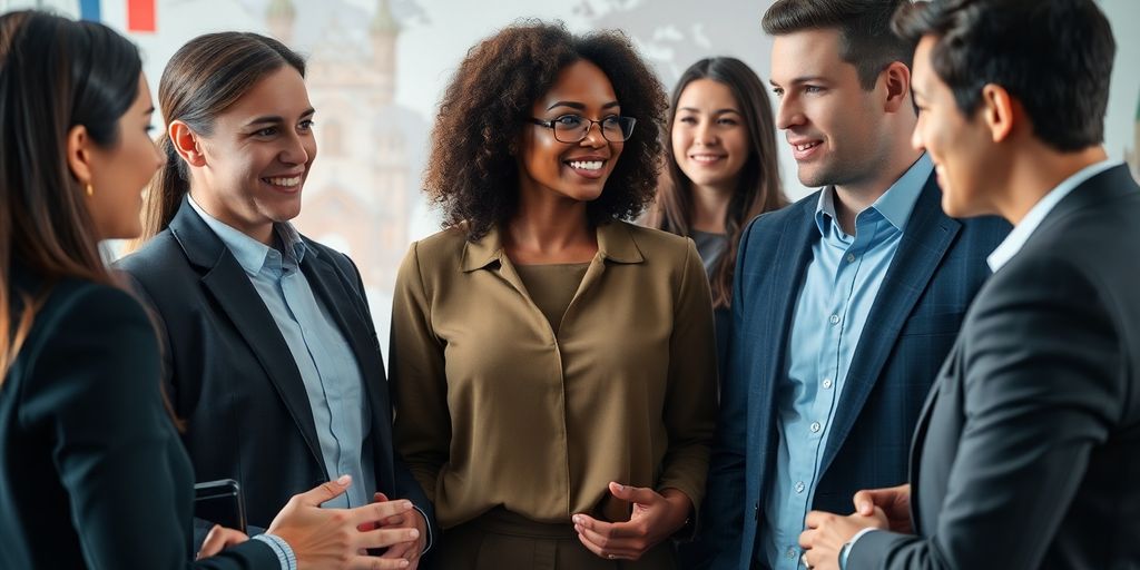 Diverse professionals communicating in a global setting.