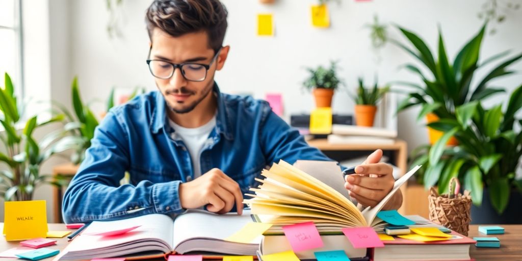 Person studying with colorful notes in a cozy environment.