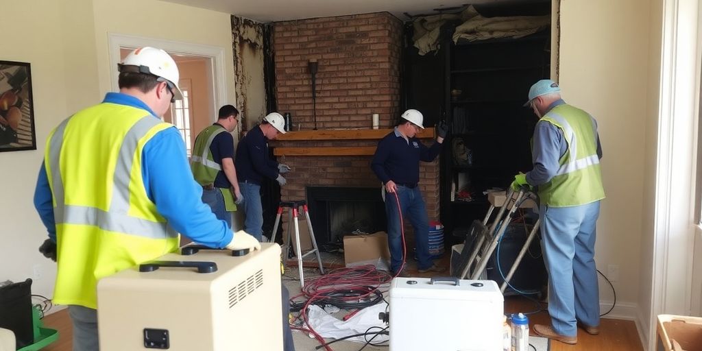 Fire damage restoration team working on a home.