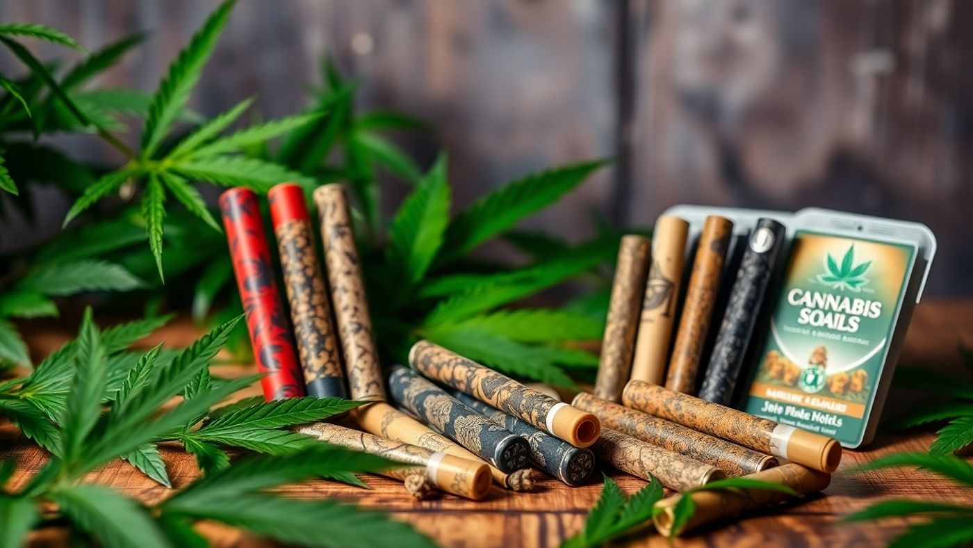 Assorted cannabis prerolls on a wooden surface with leaves.