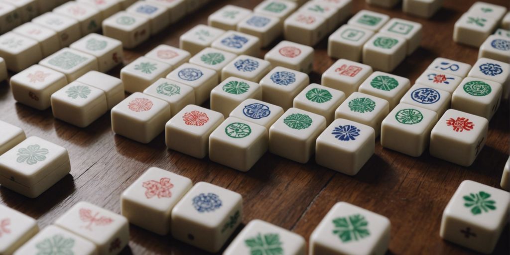 Various sizes of Mahjong tiles arranged on a wooden table, showcasing different options for players.