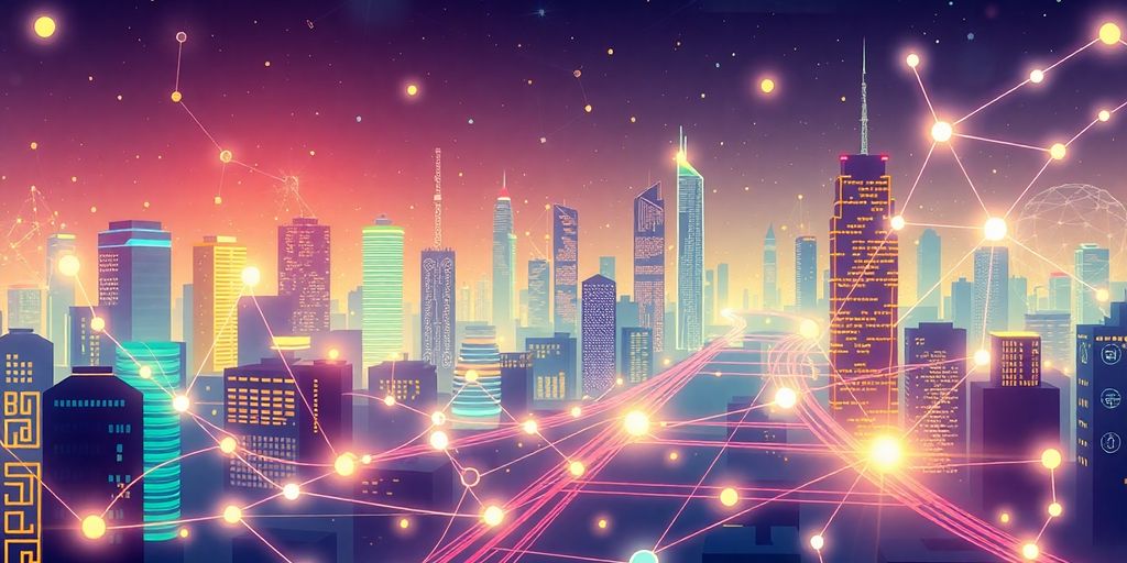 Futuristic cityscape with blockchain and ai elements.