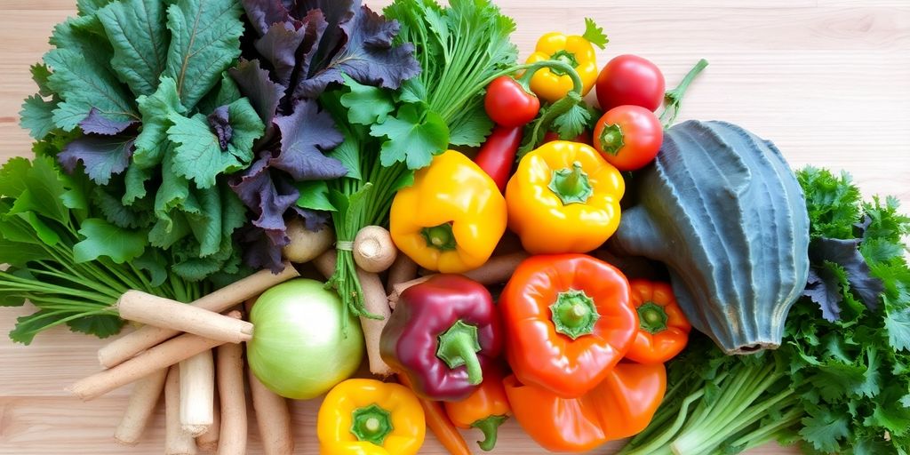 Vibrant assortment of fresh vegetables on a rustic wooden table.