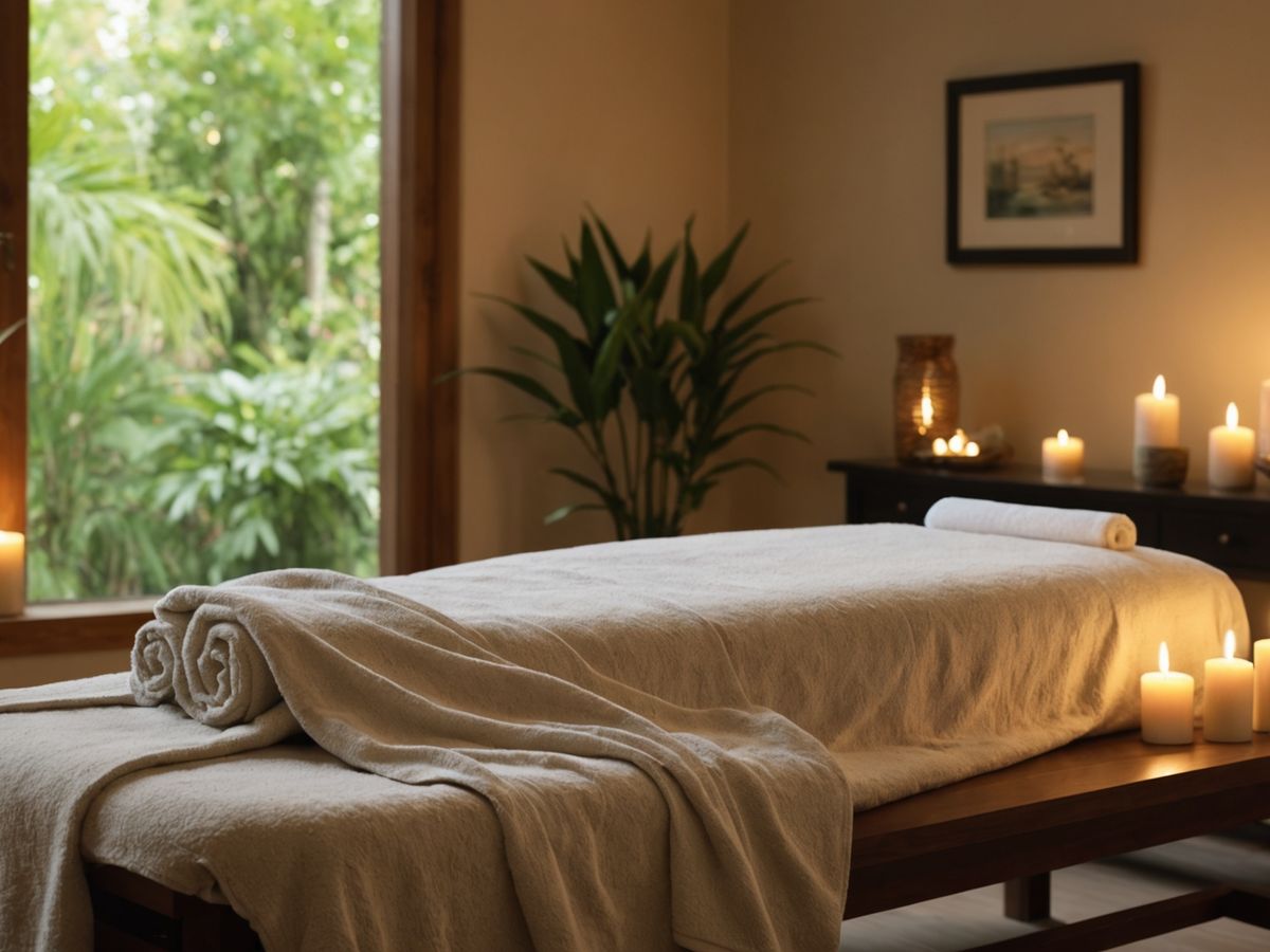 Serene spa setting with massage table and calming decor.