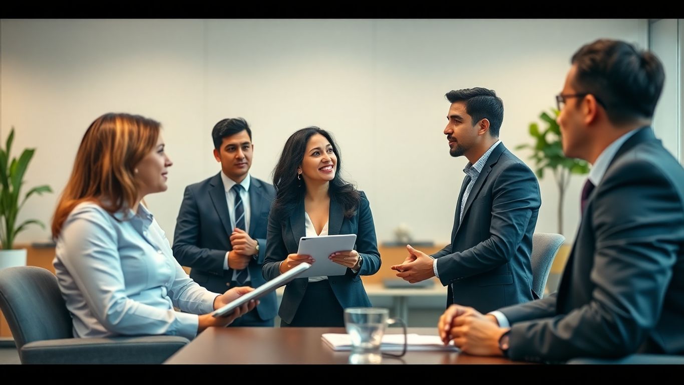 Internationale Personalvermittlung: Chancen und Herausforderungen Internationales Team im modernen Büro, blau akzentuiert, professionelle Atmosphäre