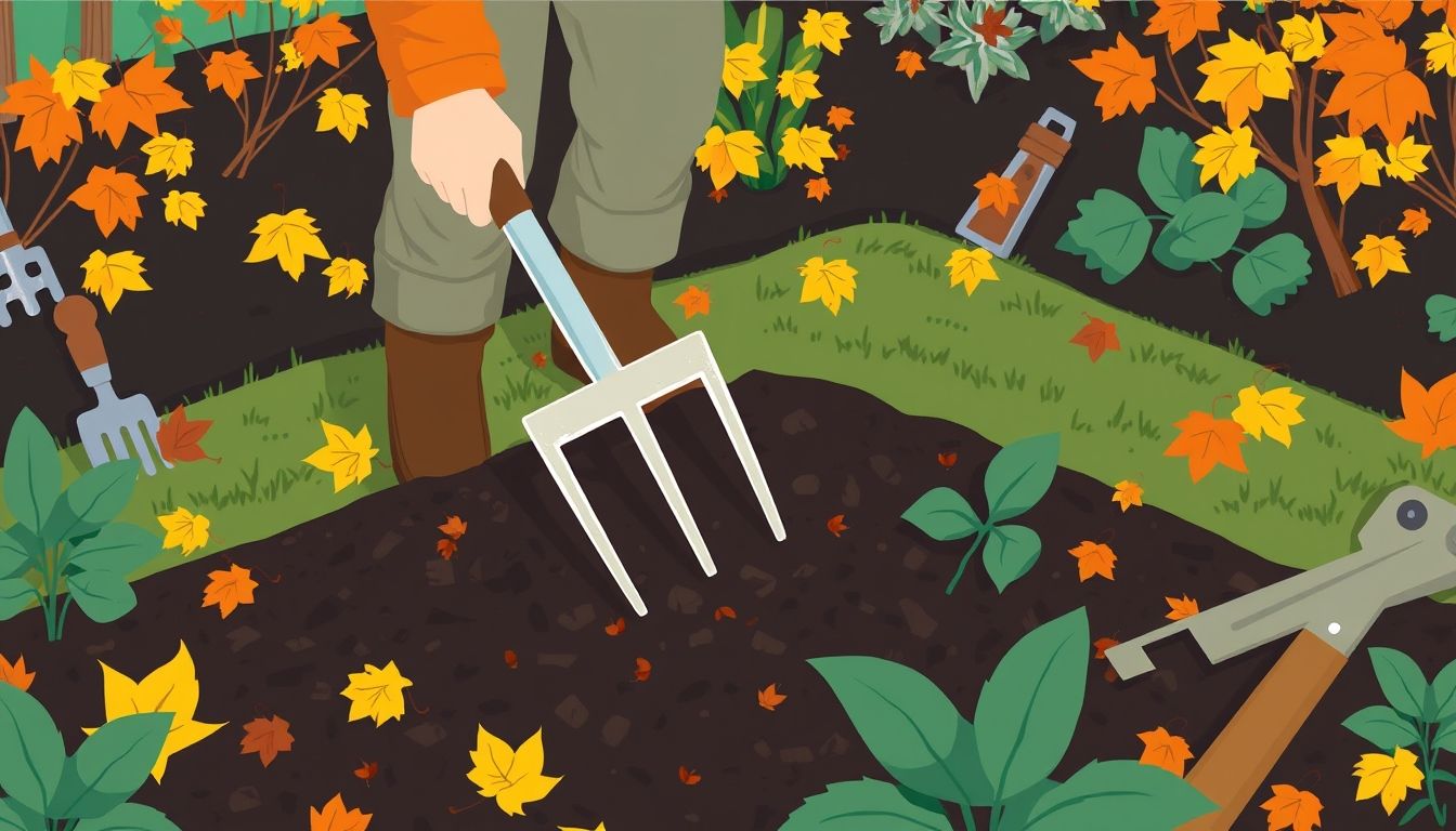 Gardener turning compost with pitchfork in garden bed