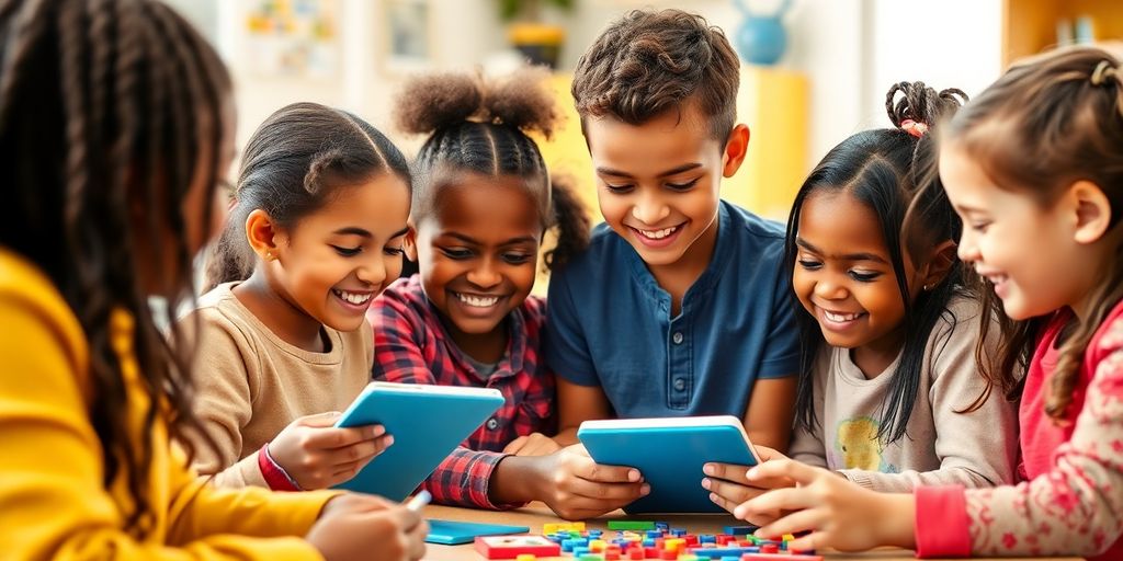 Children collaborating joyfully with educational products in bright setting.
