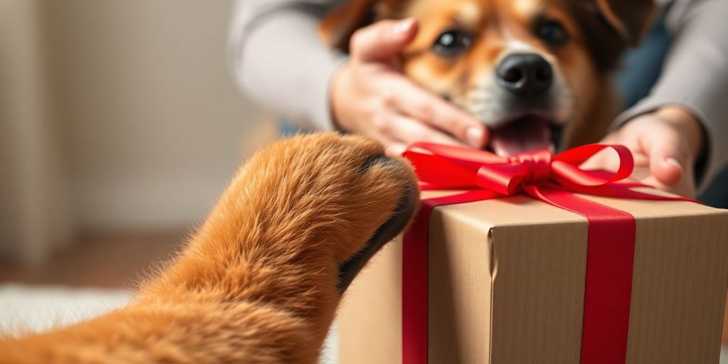 Dog paw print, gift box, happy dog owner