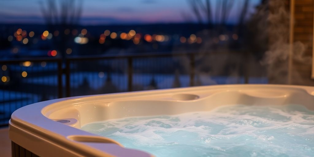 Hot tub with bubbling water, steam, and city lights.