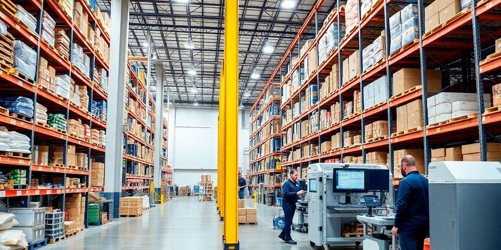 Warehouse interior with shelves and workers managing inventory.