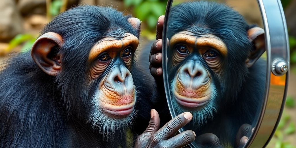 Chimpanzee looking at its reflection in a mirror.