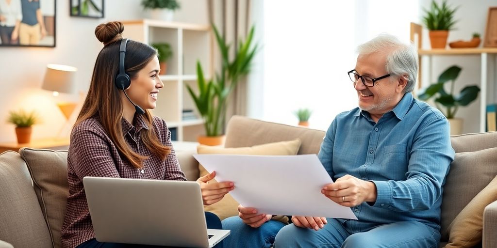 Customer support representative helping seniors with home insurance.