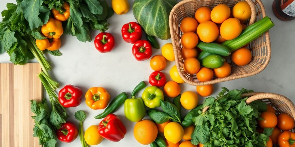 Fresh produce filling a kitchen counter with a shopping basket.