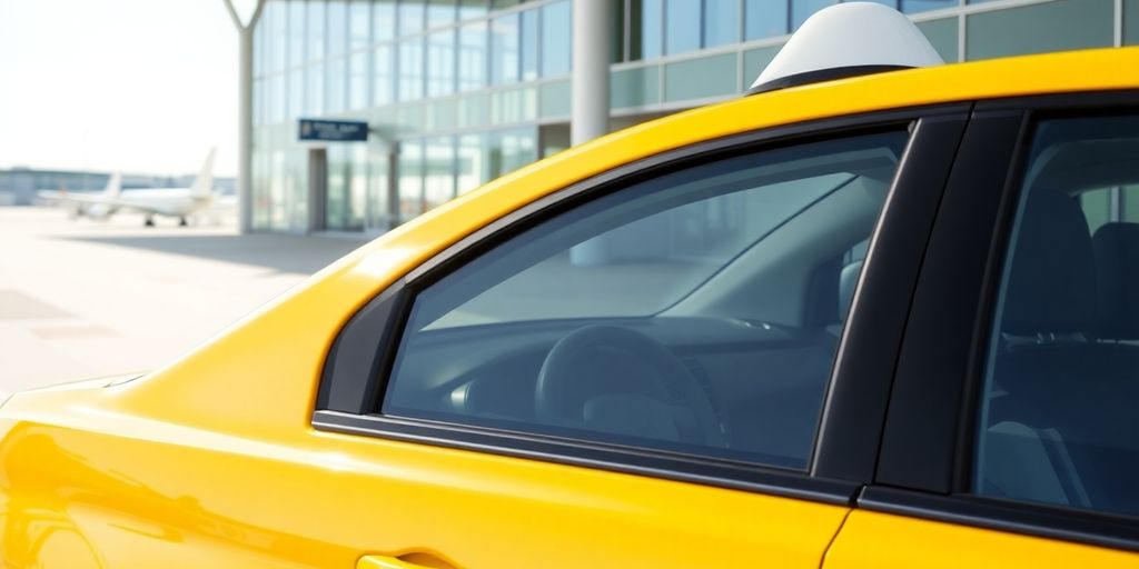 Yellow taxi cab waiting at airport curb.