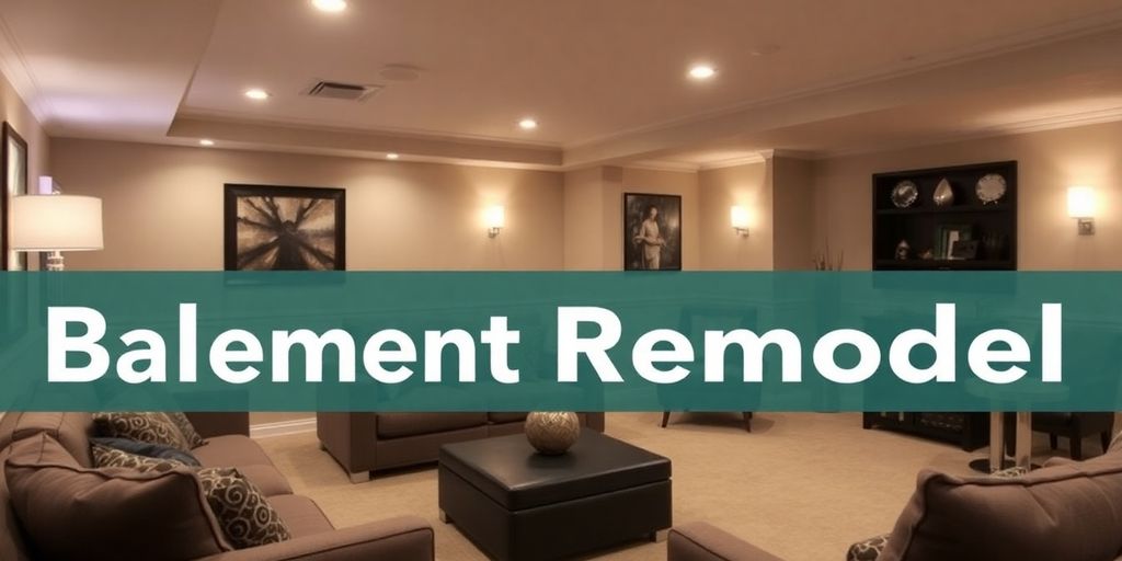 Finished basement with seating and warm lighting.