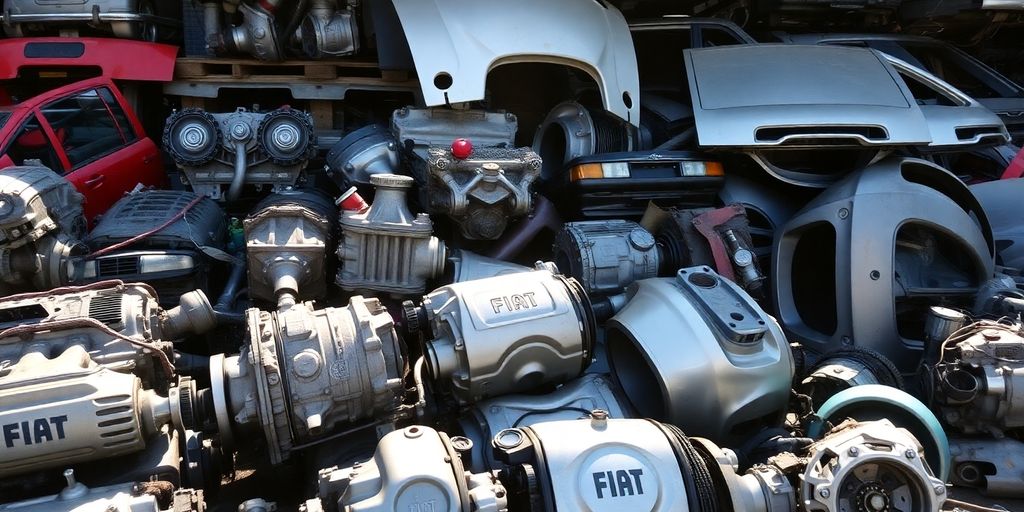 Fiat car parts arranged in a wrecking yard