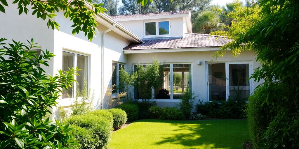 Casa moderna con jardín soleado.