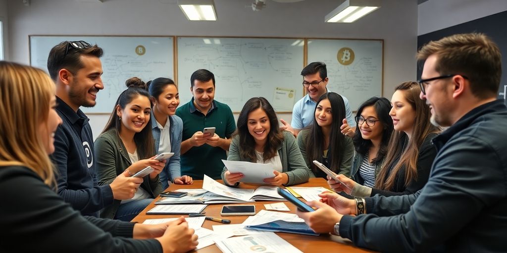 Group discussing cryptocurrency education and investment strategies.
