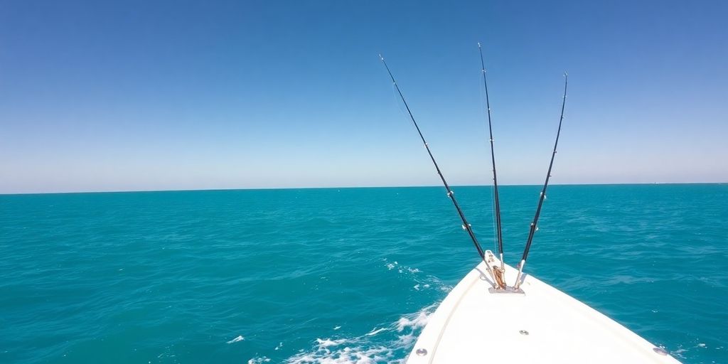 Deep blue ocean with a fishing boat on a sunny day.