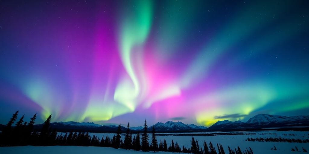 Vibrant green aurora borealis over a snowy Alaskan mountain range.