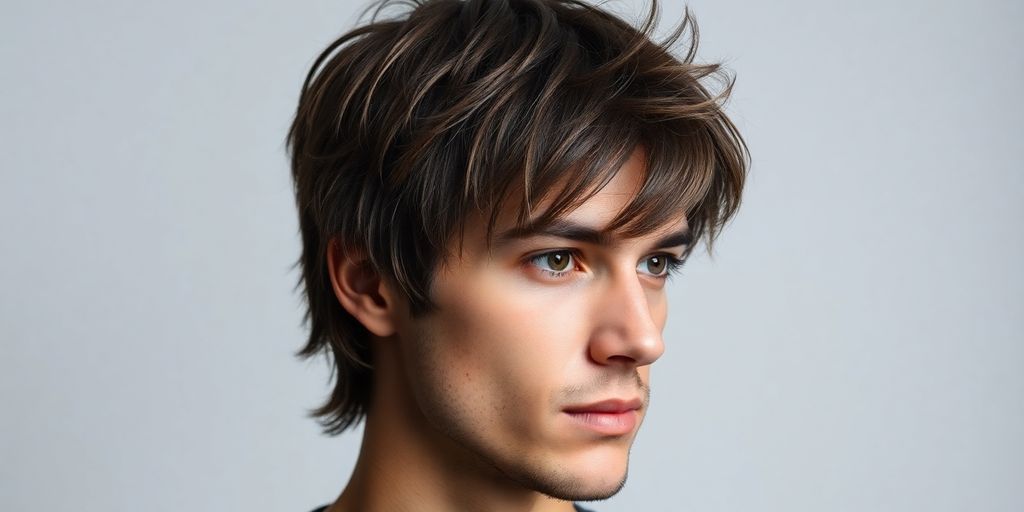 Man with shaggy mullet, soft lighting, clean styling.