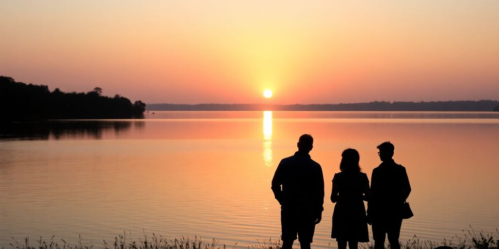 A sunset over a calm lake with people enjoying leisure.