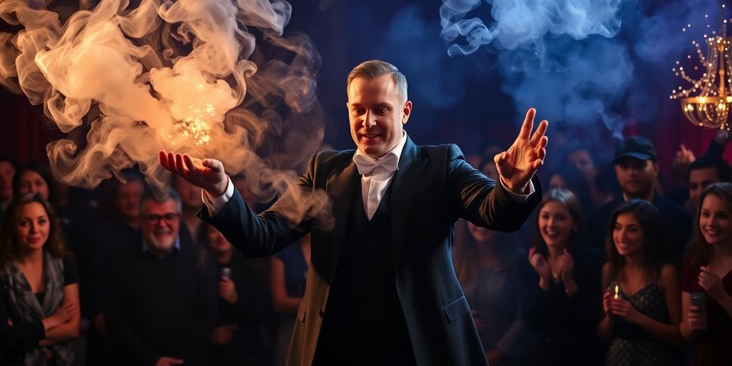 Magician performing an illusion with dramatic smoke effects.