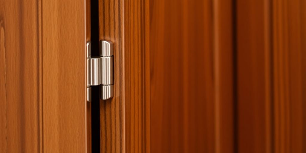 Close-up of Aristokraft cabinet hinges with wood background.