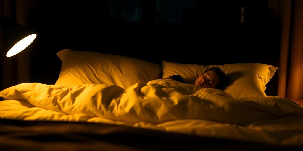 Person sleeping peacefully in a dimly lit, comfortable bedroom.