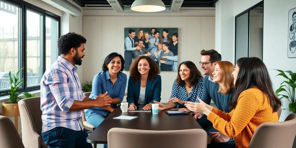 Diverse team collaborating in a bright meeting room.