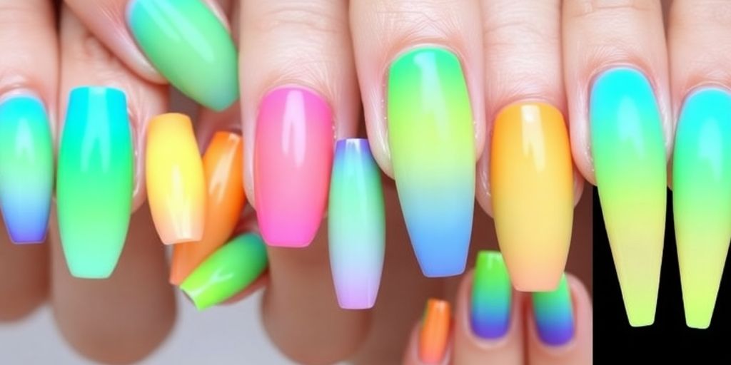 Diversos designs de unhas ombré em cores vibrantes.