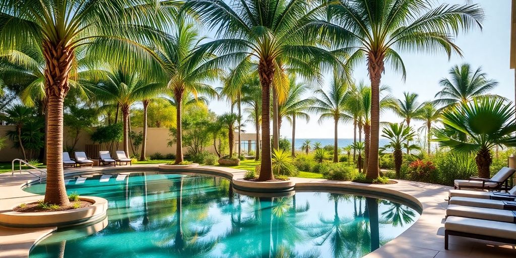 Spa area with pool and palm trees at hotel.