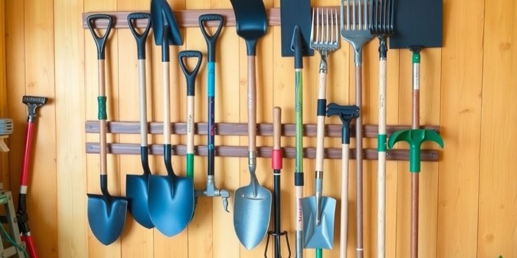 Organized wall shovel holder with various garden tools.