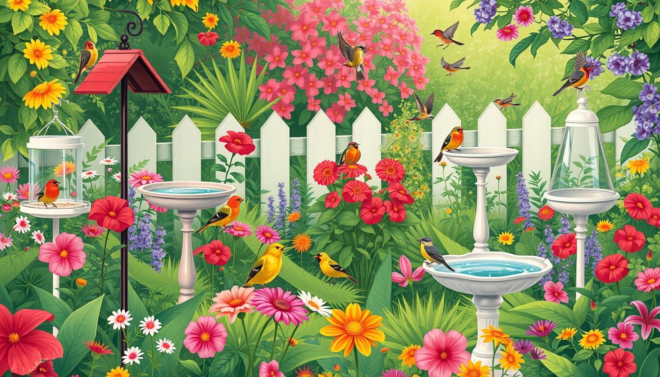 Garden with bird feeders, baths, flowers, and birds.