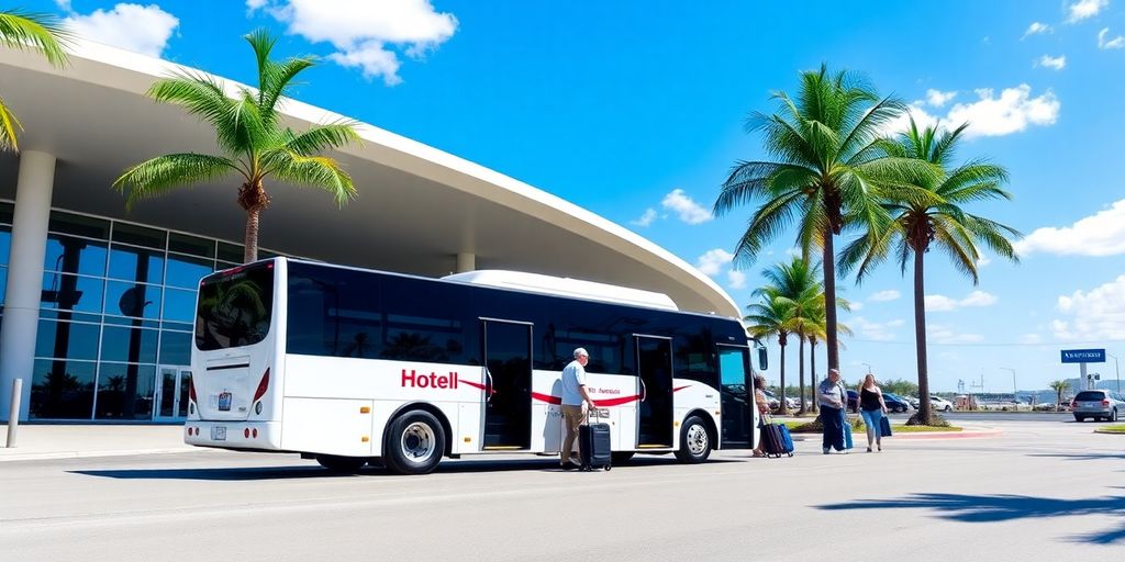 Hotel shuttle awaits guests at airport.