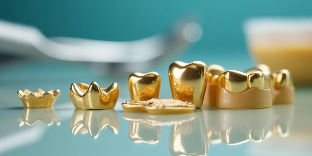 Pièces dentaires en or sur une surface brillante.