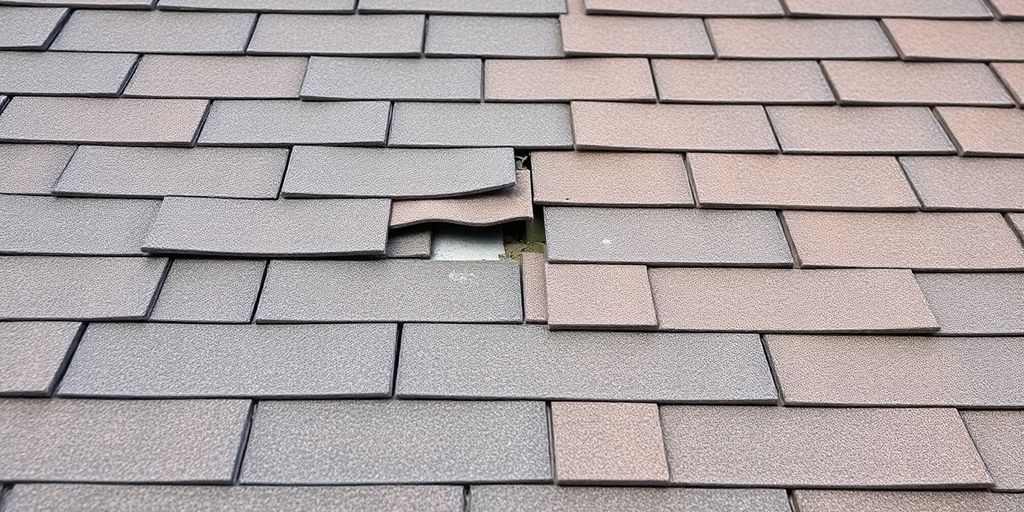 Versleten dak met beschadigde shingles en nieuw dakmateriaal.