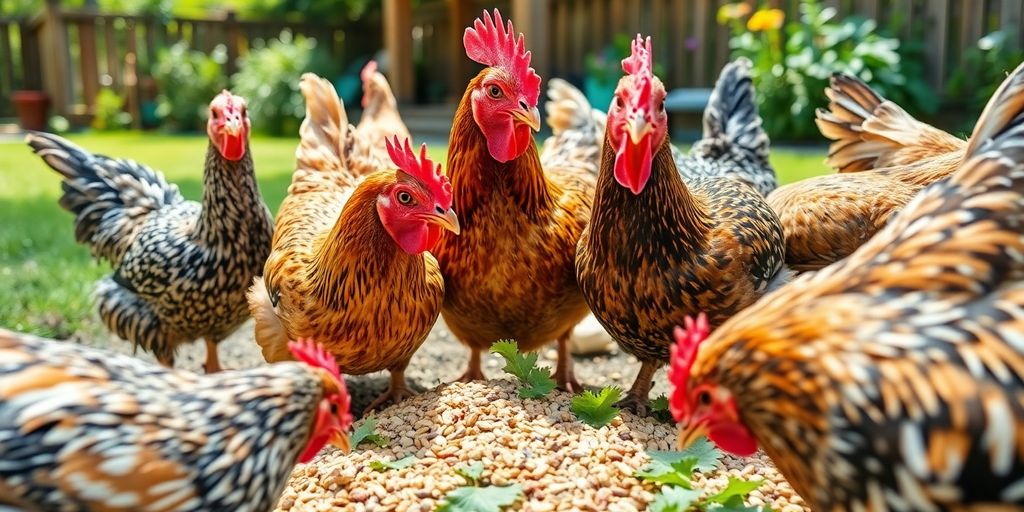Chickens feeding on grains in a sunny backyard.