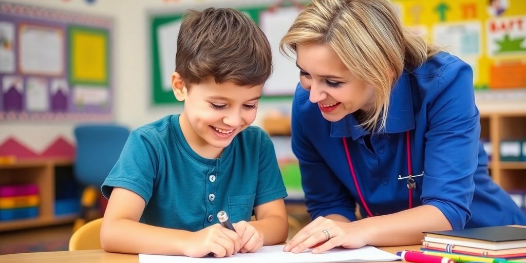 Schulbegleiter hilft Kind im Klassenzimmer.
