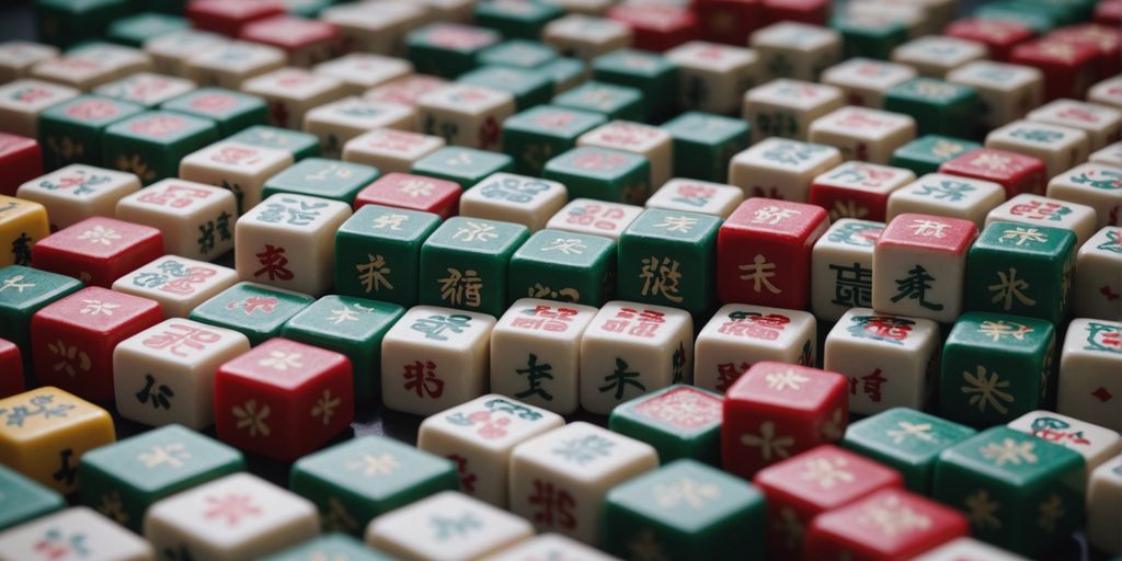 Mahjong tiles with numbers and symbols in a neat layout.