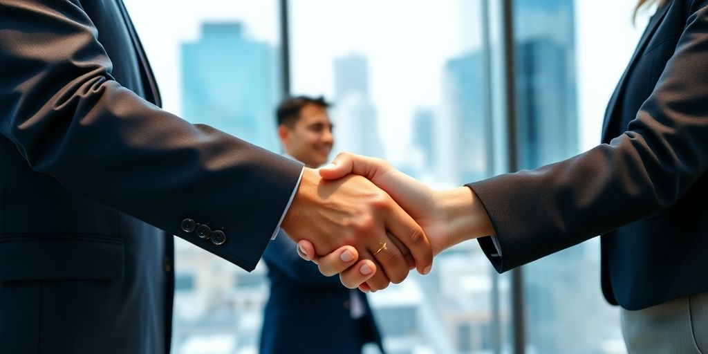 Executive handshake, cityscape background, focused business leaders.