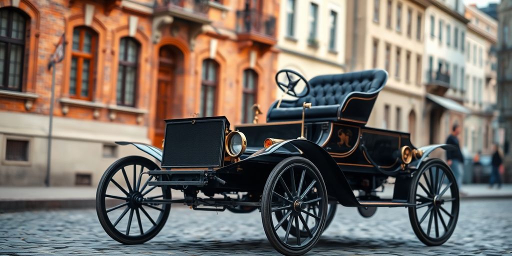 Early electric car on cobblestone street, 1890s.