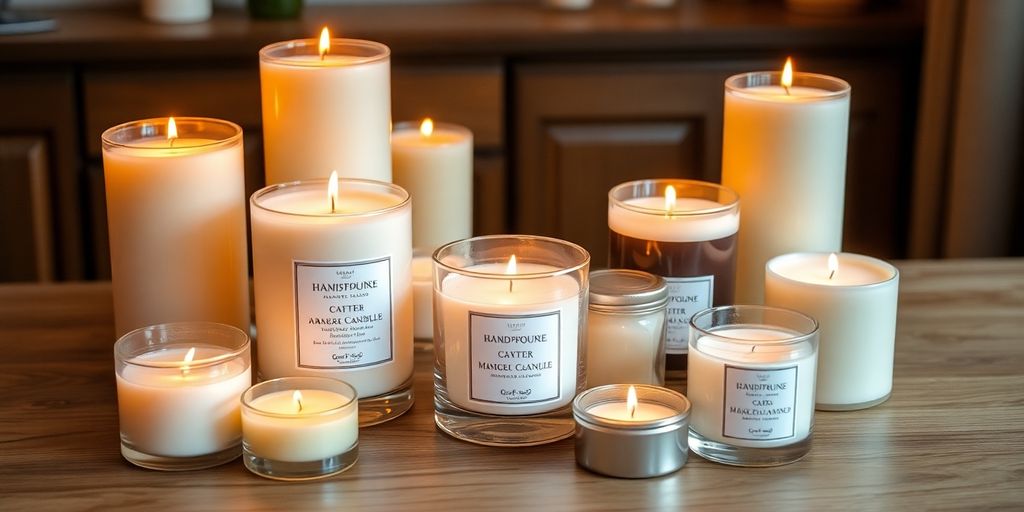 Hand-poured fragrant candles in elegant display on table.