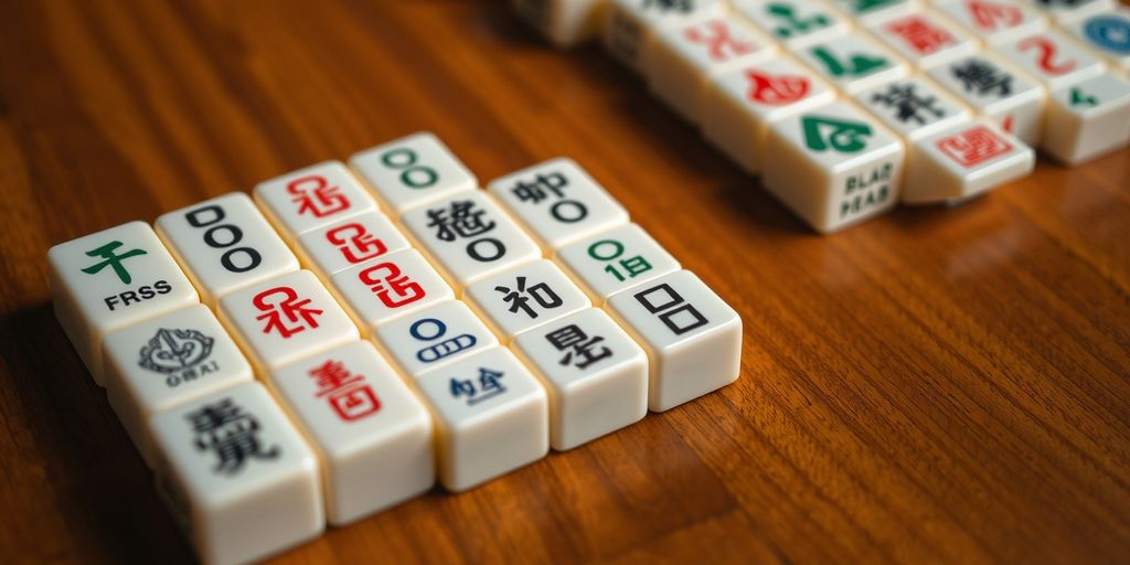 Close-up of Mahjong tiles with numbers and symbols