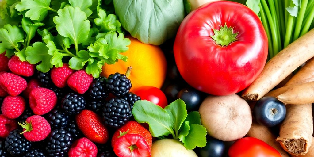 Colorful fresh fruits and vegetables arranged artfully.