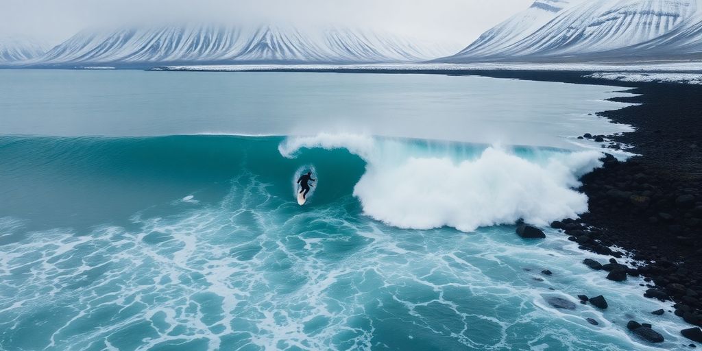 Aerial view of a surfer on a wave in Alaska.