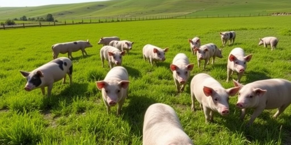 Granjas de cerdos en Argentina con pasto verde.
